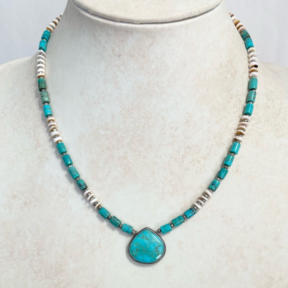 Turquoise and shell Heishi necklace with turquoise pendant